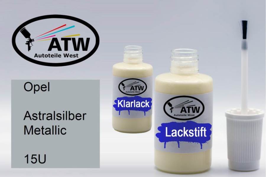 Opel, Astralsilber Metallic, 15U: 20ml Lackstift + 20ml Klarlack - Set, von ATW Autoteile West.